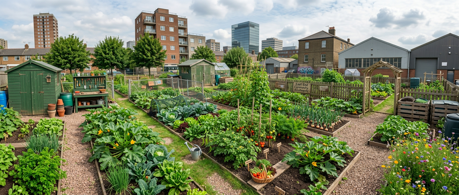 Vegetable garden with labeled plants including tomatoes, beans, carrots, and a wooden garden shed